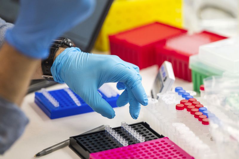 A lab technician prepares DNA samples for analysis at Complete Genomics in San Jose, Calif., Monday, July 22, 2024. (AP Photo/Nic Coury)