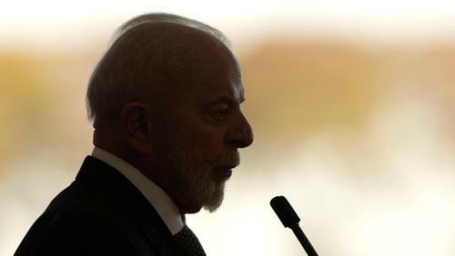 FILE - Brazil's President Luiz Inacio Lula da Silva speaks at the Planalto presidential palace in Brasilia, Brazil, Aug. 21, 2024. (AP Photo/Eraldo Peres, File)