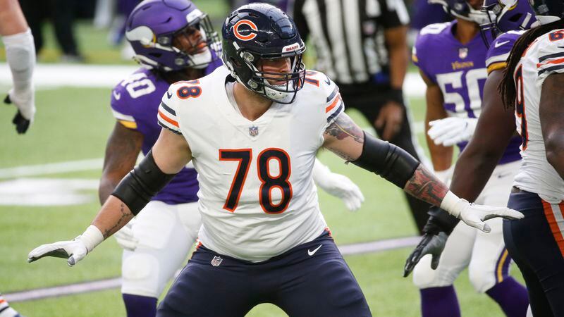 Bears offensive tackle Jason Spriggs (78) looks to make a block during the first half   against the Minnesota Vikings, Sunday, Dec. 20, 2020, in Minneapolis. (Bruce Kluckhohn/AP)