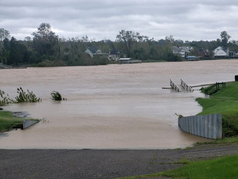 The Savannah River that divides Georgia and South Carolina at a flood stage after Hurricane Helene made its way through Augusta overnight.