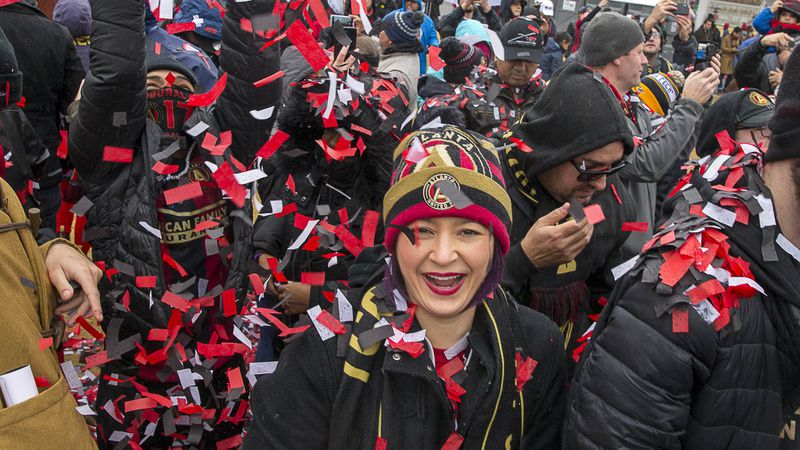 Atlanta United fans are showered in confetti at the team championship celebration Monday, Dec. 10, 2018, at Mercedes-Benz Stadium in Atlanta.