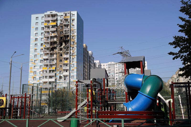 A view of the site of the damaged multi-storey residential building with the children's playground, foreground, following an alleged Ukrainian drone attack in Ramenskoye, outside Moscow, Moscow region, Russia, on Tuesday, Sept. 10, 2024. (AP Photo)