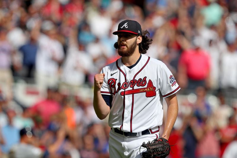 October 11, 2021 Atlanta: Atlanta Braves starting pitcher Ian Anderson (36) reacts after five shutout innings against the Milwaukee Brewers in Game 3 of the NLDS on Monday, October, 11, 2021, in Atlanta. Curtis Compton / Curtis.Compton@ajc.com