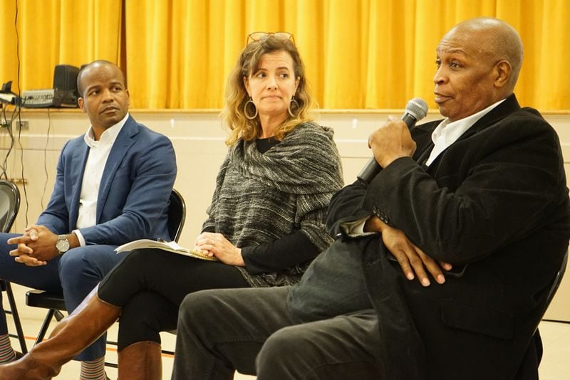 Glynn County Commissioner Allen Booker (R) is joined by Alice Keyes, the vice president of coastal conservation at One Hundred Miles, and Dr. Kavanaugh Chandler, the CEO of Coastal Community Health, at a community forum to discuss a pollution exposure study being conducted in Brunswick.