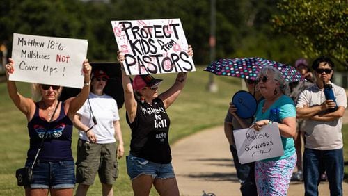 People gather on June 22 outside Gateway Church in Southlake, Texas., to protest child and sexual abuse in the church. (Chris Torres/McClatchy Tribune)