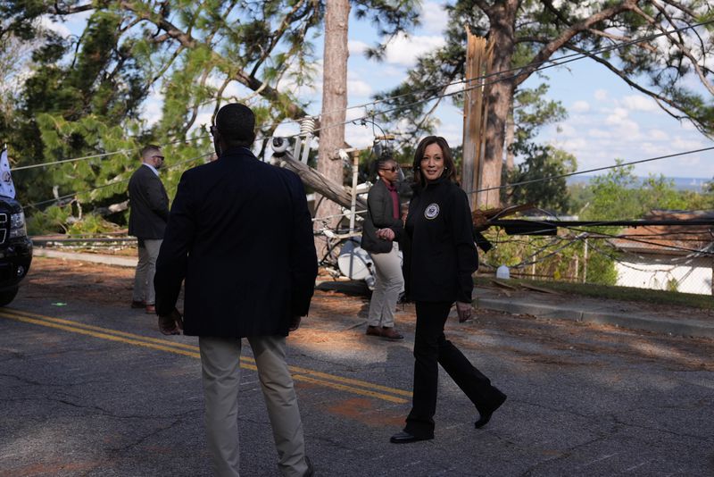 Vice President Kamala Harris, the Democratic presidential nominee, traveled to Augusta on official business Wednesday to thank emergency responders, highlight recovery efforts and discuss the aftermath of Hurricane Helene. (AP Photo/Carolyn Kaster)