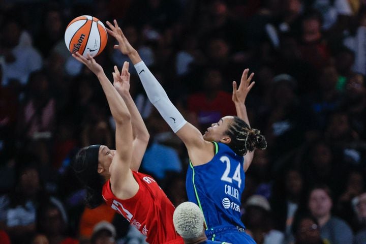 Atlanta Dream guard Aerial Powers (left) attempts to shot against Minnesota Lynx forward Napheesa Collier (24) during the second half at Gateway Center Arena, Sunday, May 26, 2024, in Atlanta.

(Miguel Martinez / AJC)