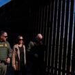 Democratic presidential nominee Vice President Kamala Harris talks with John Modlin, the chief patrol agent for the Tucson Sector of the U.S. Border Patrol, right, and Blaine Bennett, the U.S. Border Patrol Douglas Station border patrol agent in charge, as she visits the U.S. border with Mexico in Douglas, Ariz., Friday, Sept. 27, 2024. (AP Photo/Carolyn Kaster)