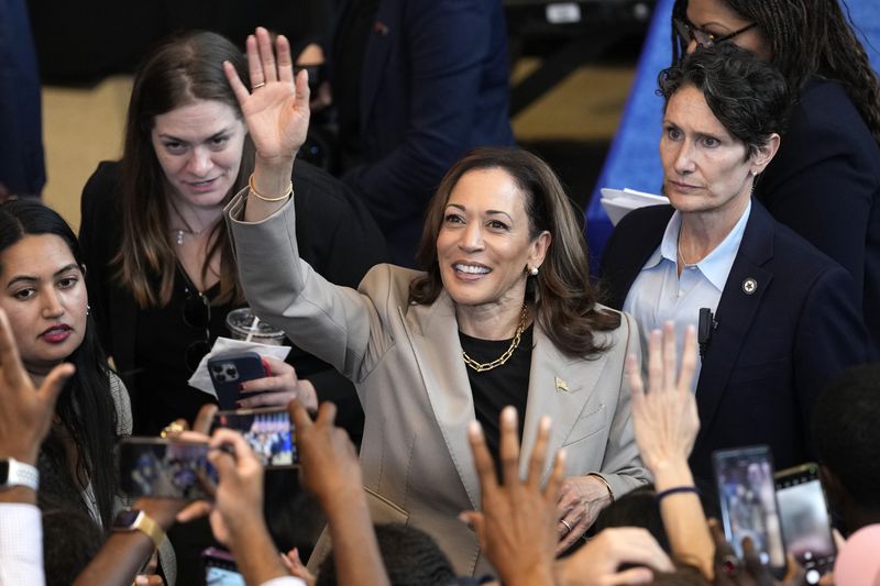 Vice President Kamala Harris greets supporters after speaking about efforts to lower prescription drug costs at an event in Maryland on Thursday.