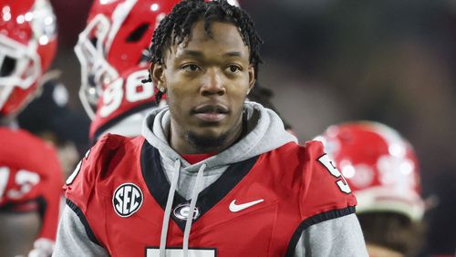 Georgia wide receiver Rara Thomas (5) on the sideline against Georgia Tech at Bobby Dodd Stadium, Saturday, November 25, 2023, in Atlanta. (Jason Getz / Jason.Getz@ajc.com)