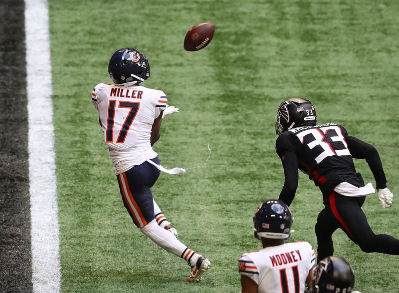 Bears wide receiver Anthony Miller gets past Falcons cornerback Blidi Wreh-Wilson for what proved to be the winning touchdown during the fourth quarter Sunday, Sept. 27, 2020, at Mercedes-Benz Stadium in Atlanta. Chicago won 30-26. (Curtis Compton / Curtis.Compton@ajc.com)