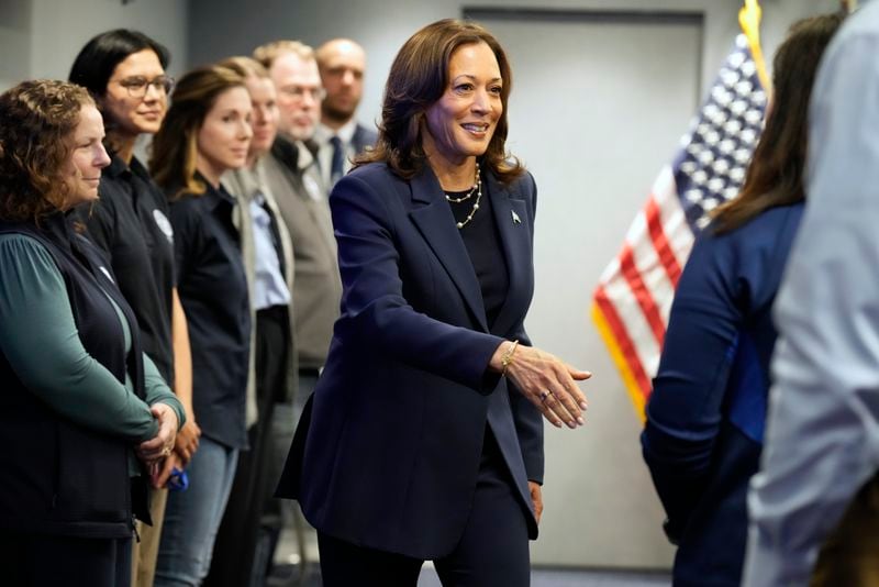 Democratic presidential nominee Vice President Kamala Harris attends a briefing at FEMA headquarters, Monday, Sept. 30, 2024, in Washington, on recovery and assistance efforts after Hurricane Helene. (AP Photo/Jacquelyn Martin)