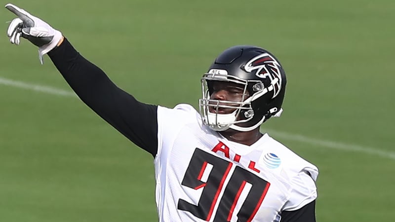 Falcons rookie defensive tackle Marlon Davidson makes a point during training camp on Saturday, Aug. 15, 2020, in Flowery Branch. (Curtis Compton ccompton@ajc.com)