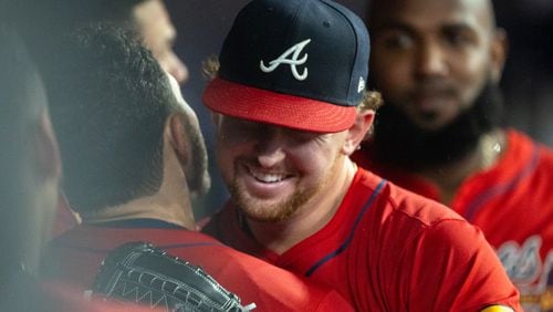 Atlanta Braves pitcher Spencer Schwellenbach is congratulated by teammates during the game against the Los Angeles Dodgers at Truist Park in Atlanta on Friday, September 13, 2024. (Arvin Temkar / AJC)