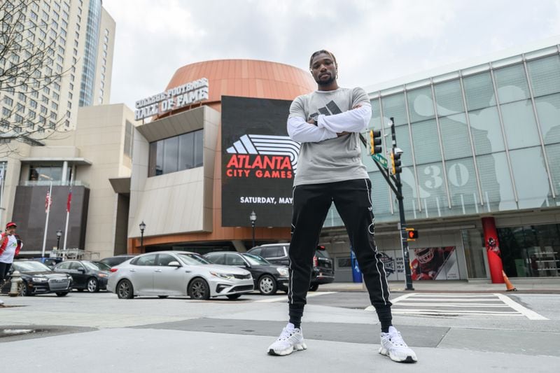 Three-time World Champion and Olympic Bronze Medalist Noah Lyles was on hand in downtown Atlanta on Jan. 25 to announce his intention to compete in the Atlanta City Games in May. (Photo by Paul Ward/Courtesy of Atlanta Track Club)