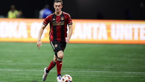 Atlanta United defender Noah Cobb #24 dribbles during the match against Toronto FC at Mercedes Benz Stadium in Atlanta, Ga. on Saturday, June 29, 2024. (Photo by Alex Slitz/Atlanta United)