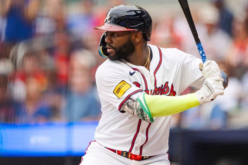 Atlanta Braves' Michael Harris II waits for the pitch in the second inning of the second baseball game of a doubleheader against the New York Mets, Monday, Sept. 30, 2024, in Atlanta. (AP Photo/Jason Allen)