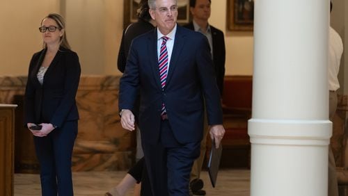 Secretary of State, Brad Raffensperger attended Monday's press conference at the Georgia Capitol. The presidential election in Georgia should not face any major delays or disruptions because of damage from Hurricane Helene, state elections officials said. (John Spink/AJC)