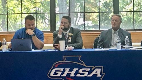 The Georgia High School Association Board of Trustees discussed numerous events at its the Board of Trustees meeting on Aug. 9 in Thomaston. Shown (L-R) GHSA  vice president Curt Miller, GHSA president and GHSA executive director Robin Hines.