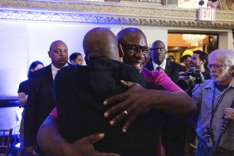 Rep. Jamaal Bowman, D-N.Y. embraces his supporters during an election night watch party on Tuesday, June 25, 2024, in Yonkers, N.Y. (AP Photo/Yuki Iwamura)