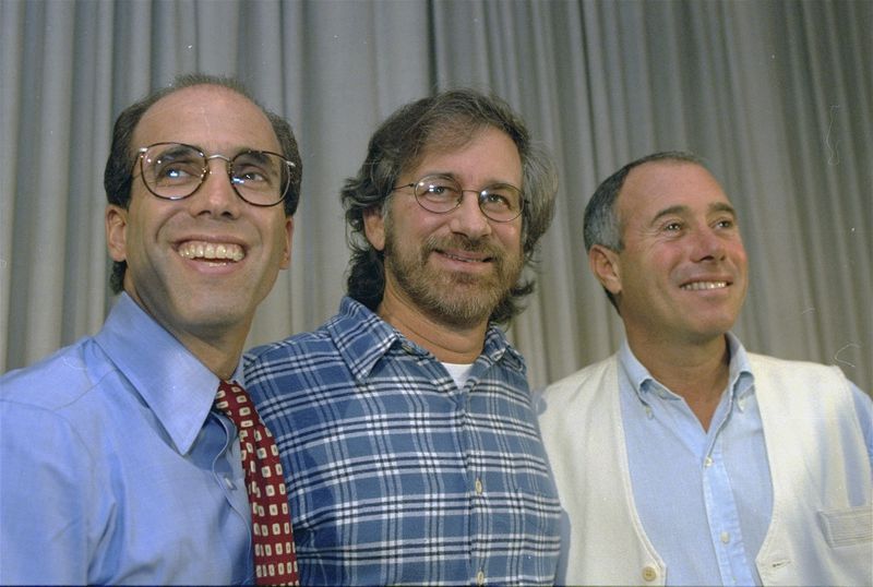 FILE - Jeffrey Katzenberg, from left, Steven Spielberg and David Geffen appear at a news conference in Los Angeles Wednesday, Oct. 12, 1994, to announce the formation of Dreamworks. (AP Photo/Chris Martinez, File)