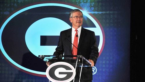 Former Augusta National chairman Billy Payne, a Georgia alum, addresses supporters at celebration naming event of Georgia’s indoor athletic facility.