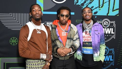 (L-R) Offset, Takeoff, and Quavo of Migos attend Bud Light Super Bowl Music Fest / EA SPORTS BOWL at State Farm Arena on Jan. 31, 2019 in Atlanta. (Photo by Kevin Mazur/Getty Images for Bud Light Super Bowl Music Fest / EA SPORTS BOWL)