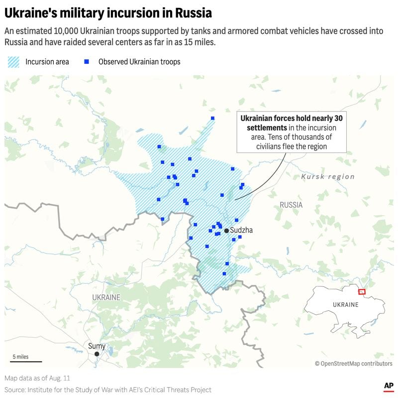 The map above shows where Ukrainian military forces are operating inside Russia’s Kursk region as of Aug. 11, 2024. (AP Digital Embed)