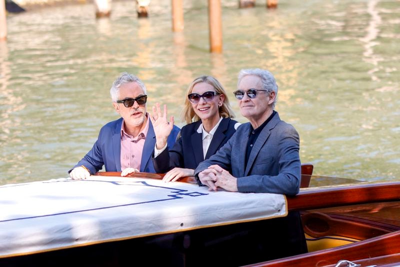 Series director Alfonso Cuaron, from left, Cate Blanchett, and Kevin Kline upon arrival for the press conference of the television series 'Disclaimer' during the 81st edition of the Venice Film Festival in Venice, Italy, on Thursday, Aug. 29, 2024. (Photo by Vianney Le Caer/Invision/AP)