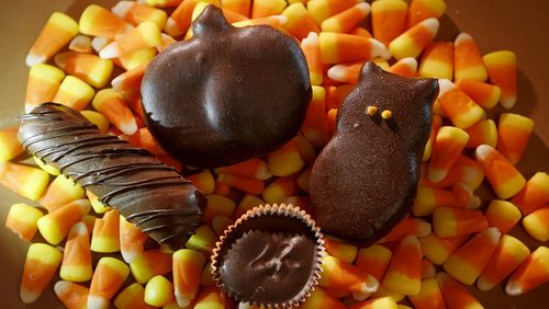 From left, a homemade Twix-like candy bar, a coconut chocolate bar, a peppermint patty owl, and a peanut butter cup on the bottom. Use cookie cutters for other creative holiday-themed shapes. (Francine Orr/Los Angeles Times/TNS)