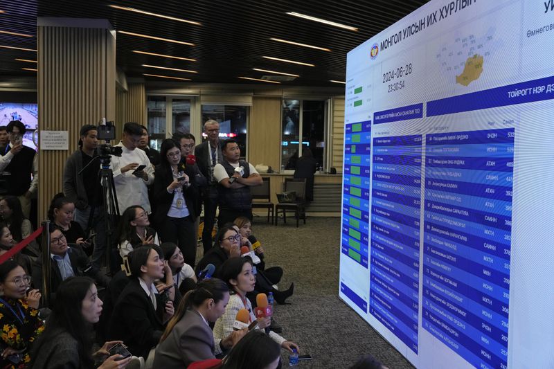 Journalists monitor election results on a large screen at the General Election Commission after polls closed in Ulaanbaatar, Mongolia, Friday, June 28, 2024. Voters in Mongolia are electing a new parliament on Friday in their landlocked democracy that is squeezed between China and Russia, two much larger authoritarian states. (AP Photo/Ng Han Guan)