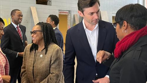 U.S. Sen. Jon Ossoff and U.S. Deputy Secretary of the Treasury Wally Adeyemo meet with Cobb County officials on Thursday, Feb. 15, 2024, at the site of the new workforce development center coming to Mableton. (Taylor Croft/taylor.croft@ajc.com)