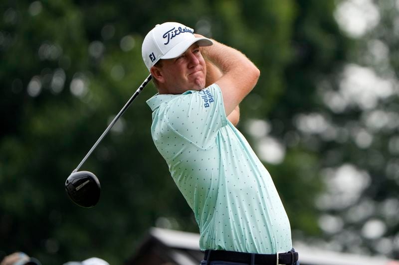 Tom Hoge tees off on the first hole during the final round of the Travelers Championship golf tournament at TPC River Highlands, Sunday, June 23, 2024, in Cromwell, Conn. (AP Photo/Seth Wenig)