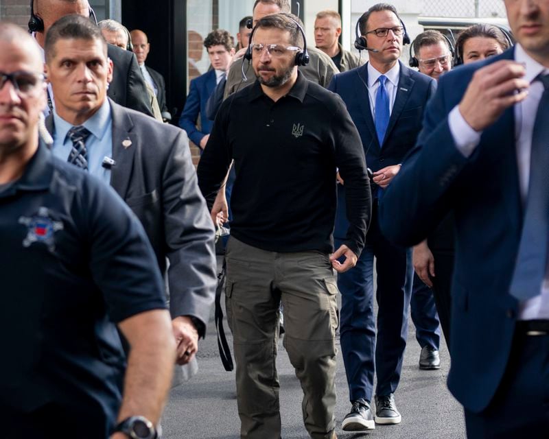 In this photo provided by the U.S. Army, Ukrainian President Volodymyr Zelenskyy, center, tours the Scranton Army Ammunition Plant in Scranton, Pa., Sunday, Sept. 22, 2024. (Staff Sgt. Deonte Rowell/U.S. Army via AP)