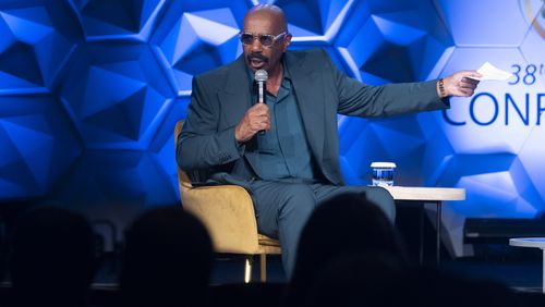 Comedian Steve Harvey moderated a conversation with Vice President Kamala Harris speaks at the 100 Black Men of America conference  in Atlanta on Friday, June 14, 2024. (Ben Gray / Ben@BenGray.com)