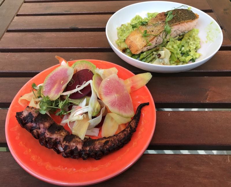 The abbreviated menu at Mission and Market in Buckhead offers grilled Spanish octopus (foreground) and oven-roasted salmon with pea-scented rice grits and asparagus. LIGAYA FIGUERAS / LIGAYA.FIGUERAS@AJC.COM