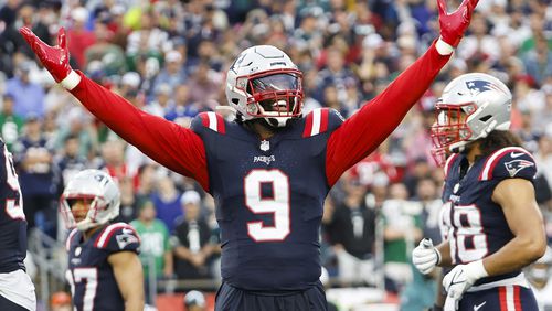 New England Patriots linebacker Matthew Judon during an NFL football game against the Philadelphia Eagles at Gillette Stadium, Sunday, Sept. 10, 2023 in Foxborough, Mass. (Winslow Townson/AP Images for Panini)