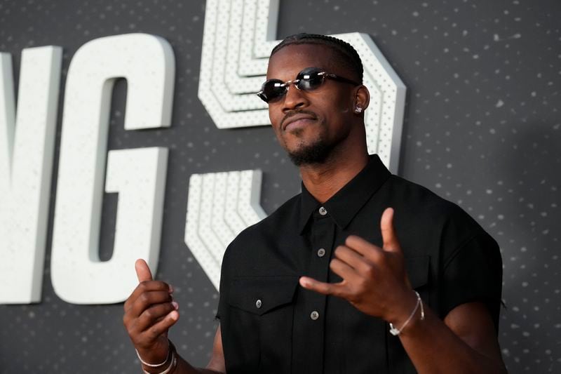 Jimmy Butler arrives at the premiere of "Starting 5" on Monday, Sept. 23, 2024 at The Egyptian Theatre Hollywood in Los Angeles. (AP Photo/Chris Pizzello)