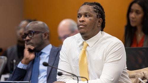 Atlanta rapper Young Thug appears during his ongoing gang and racketeering trial at Fulton County Courthouse in Atlanta on Wednesday, January 3, 2024. (Arvin Temkar / arvin.temkar@ajc.com)