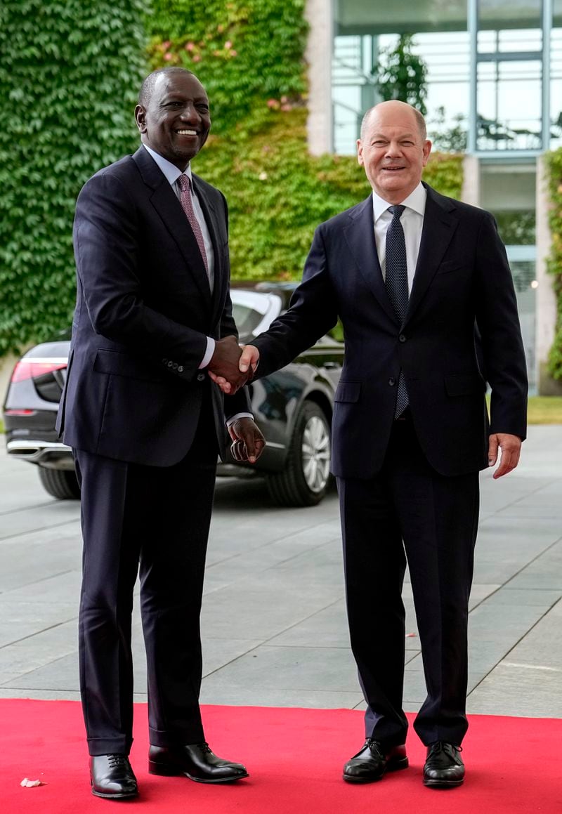 German Chancellor Olaf Scholz, right, welcomes Kenya's President William Ruto at the chancellery in Berlin, Friday, Sept. 13, 2024. (AP Photo/Ebrahim Noroozi)