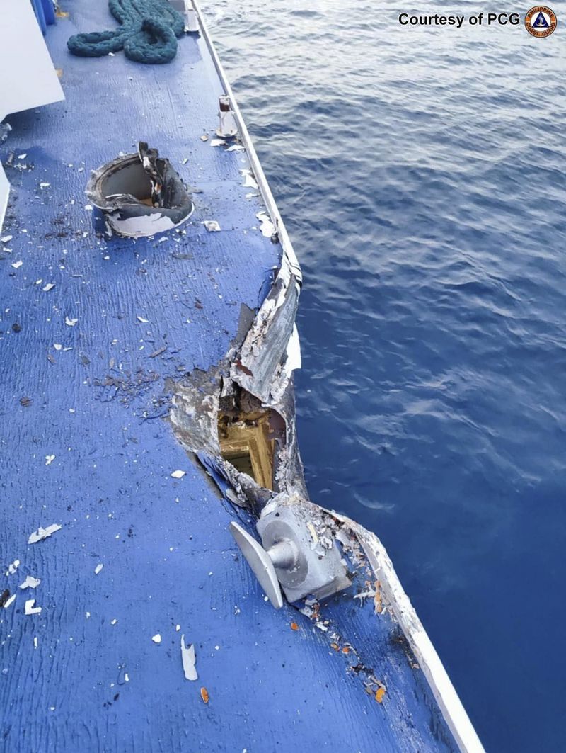 This photo provided by the Philippine Coast Guard, shows damage on the Philippines coast guard vessel BRP Cape Engano (MRRV-4411) after a collision with a Chinese coast guard ship Monday, Aug. 19, 2024 in the disputed South China Sea. (Philippine Coast Guard via AP)