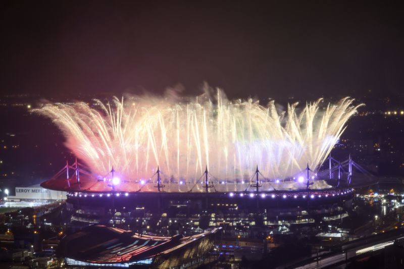 Fireworks are fired from the Stade du France during the closing ceremony of the 2024 Paralympics, Sunday, Sept. 8, 2024, in Paris, France. (AP Photo/Thomas Padilla)