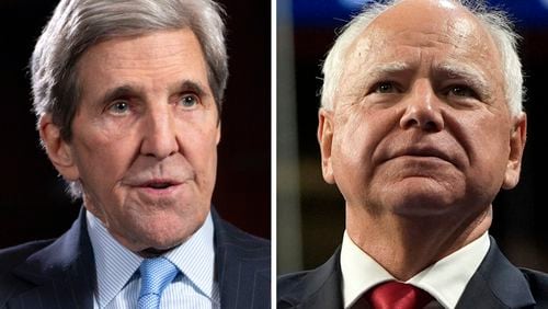 This combination photo shows John Kerry during an interview, Feb. 6, 2024, in Washington, left, and Democratic vice presidential nominee Minnesota Gov. Tim Walz at a campaign rally, Aug. 10, 2024, in Las Vegas. (AP Photo)