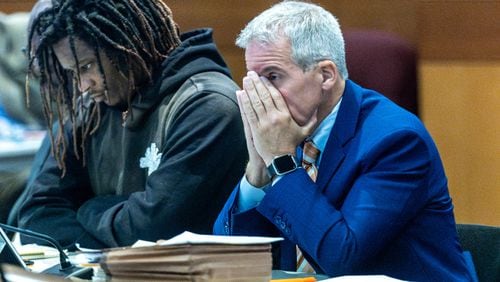 Atlanta rapper Young Thug sits next to his defense attorney Brian Steel during jury selection in the “Young Slime Life” gang case at the Fulton County Courthouse Tuesday, Sept. 26, 2023. (Steve Schaefer/steve.schaefer@ajc.com)  (Steve Schaefer/steve.schaefer@ajc.com)