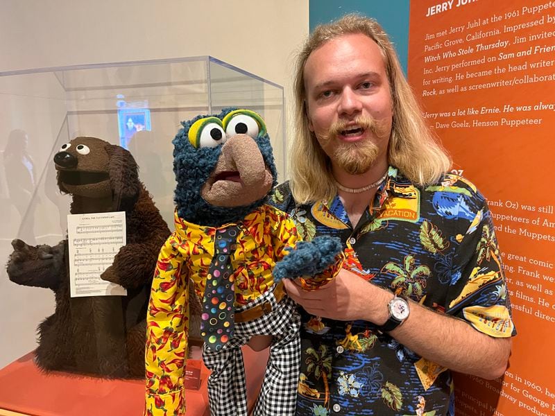 Riley Smith, an aspiring puppeteer, who built his own Gonzo puppet, drove from Orlando, Florida to hear Dave Goelz speak at the Center for Puppetry Arts Wednesday. Photo: Bo Emerson