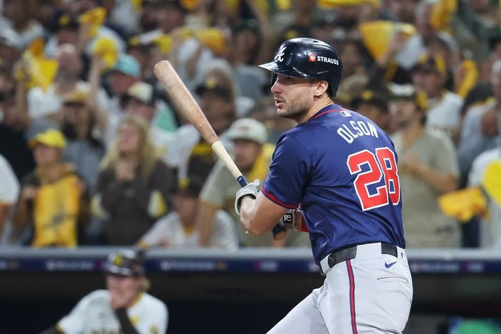 Atlanta Braves’ Matt Olson lines out to the San Diego Padres during the sixth inning of National League Division Series Wild Card Game Two at Petco Park in San Diego on Wednesday, Oct. 2, 2024.   (Jason Getz / Jason.Getz@ajc.com)