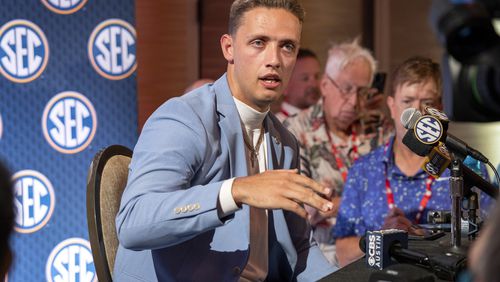 Georgia quarterback Carson Beck speaks during SEC Media Days on Tuesday, July 16, 2024, in Dallas. (AP Photo/Jeffrey McWhorter)