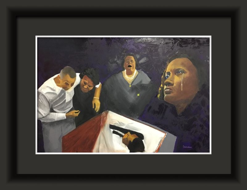 These are paintings by Andrew Sheldon depicting scenes that grew out of his involvement in the cold case trials that convicted people accused of some of the most notorious killings of the civil rights era. Each image lists the name of the painting, followed by a description.