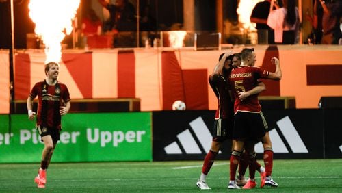 Atlanta United players celebrate after midfielder Alexey Miranchuk scores in the second half against Inter Miami at Mercedes-Benz Stadium on Wednesday, September 18, 2024, in Atlanta. The teams tied 2-2. 
(Miguel Martinez/ AJC)