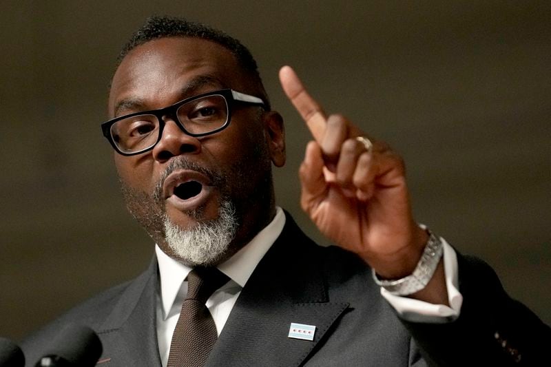 Chicago Mayor Brandon Johnson responds to a question during a news conference where he introduced six of his nominees to the Chicago Board of Education on Monday, Oct. 7, 2024, in Chicago. (AP Photo/Charles Rex Arbogast)